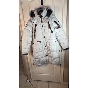 Canada Weathergear Women's Medium Puffer Coat Light Gray Zip & Button Front Hood